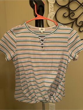 BKE Pastel Striped Short Sleeve Top in Pink, Green, Blue